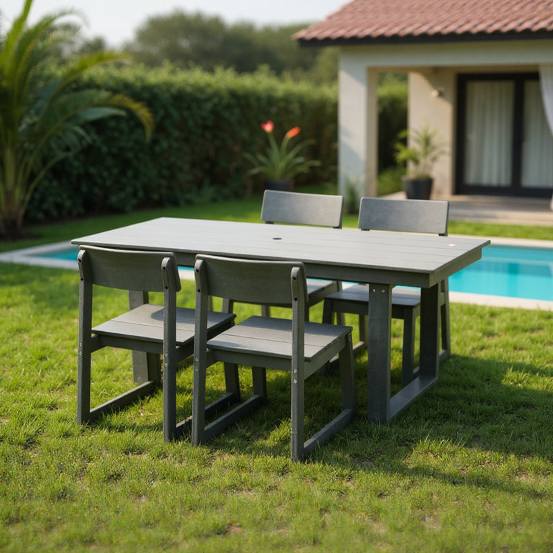 Table de salle à manger d'extérieur toutes saisons de 5 pièces comprenant une table rectangulaire de 69 po, 4 chaises et un trou pour parasol pour le jardin, le patio, la cour, la piscine