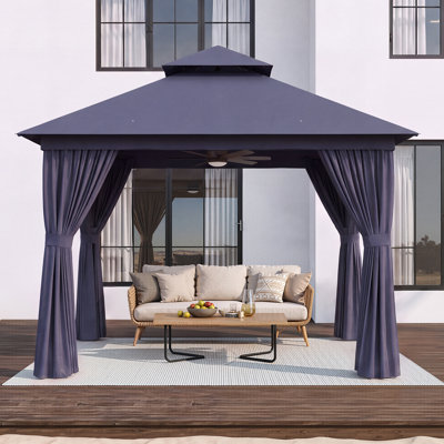 Aoxun 8'x8' Outdoor Gazebo with Curtain & Mosquito Netting, Blue, Heavy-Duty Party Tent with Double Roof, Patio Tent with Zipper Screens Backyard Garden Lawn Shelter