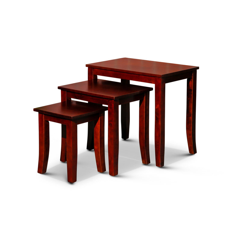 Ensemble de 3 tables d'appoint gigognes Yoni, carrées, pieds évasés, bois brun cerise, Brun cerisier
