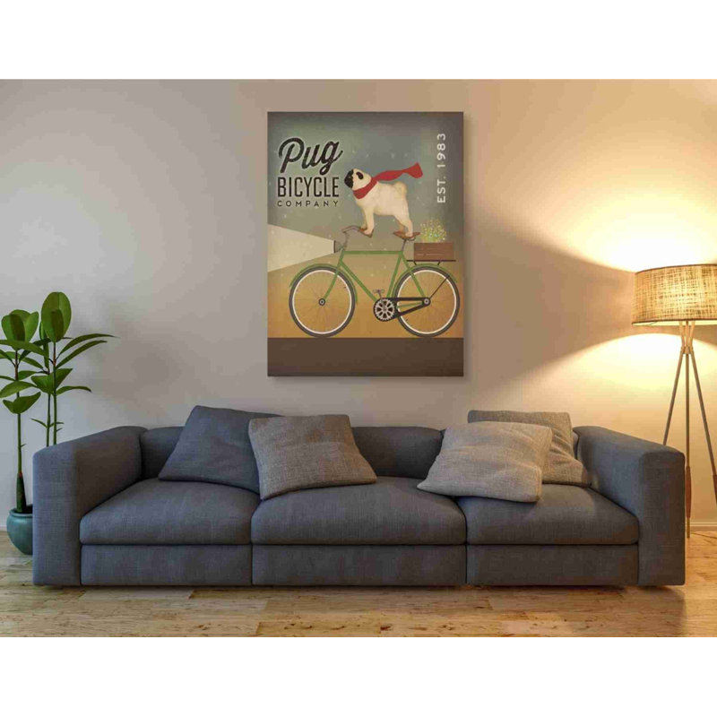 «Pug on a Bike» par Ryan Fowler, art mural sur toile, H 54 po x l 40 po x P 1,5 po