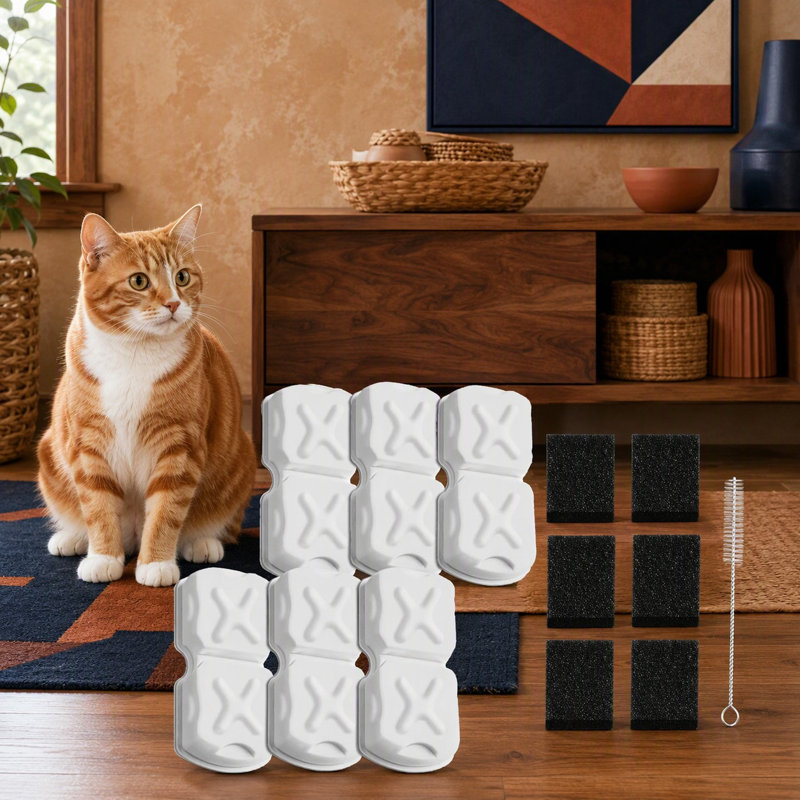 Trousse de rechange pour fontaine à eau pour chat contenant 6 filtres, 6 éponges et 1 brosse.