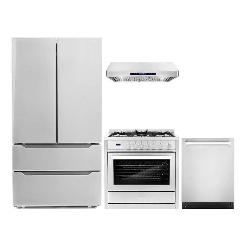 Cosmo 4 Piece Kitchen Appliance Package with French Door Refrigerator 36'' Gas Freestanding Built-In Under Cabinet Range Hood