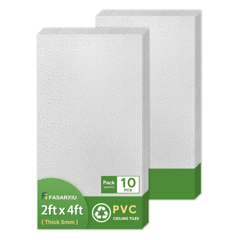 Fasarxiu 2 ft. x 4 ft. Decorative Textured Ceiling Tile 10-Pack, Extra Thick, Fire-Rated, Waterproof, Reusable - Premium PVC, White (80 sq. ft. / case)