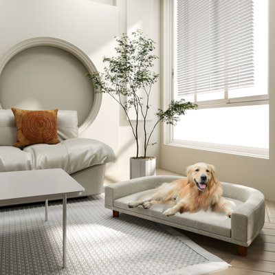Canapé pour chien avec coussin confortable, housse lavable, pieds en bois gris pour les pattes de gros chiens, tapis antidérapant, grand coussin de luxe pour animaux de compagnie,