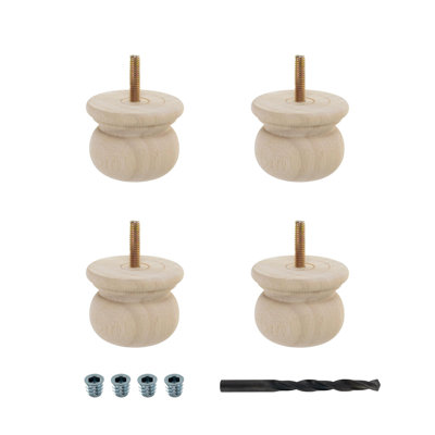 2in H x 2-1/2in Diameter Unfinished Solid Hardwood Bun Foot Leg Pack of 4