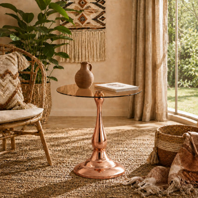 Table d'appoint ronde en verre trempé, petite table de bout moderne avec base en piédestal or rose, table d'appoint pour le salon, la chambre à coucher, le patio