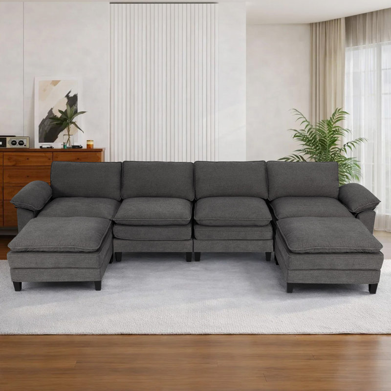Canapé d'angle rembourré avec 2 repose-pieds, H 37,4 po x l 146,5 po x P 61 po, Gris chenille