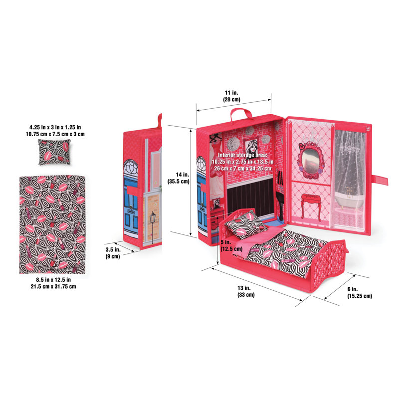 Home & Go Dollhouse Playset Travel & Storage Case with Bed/Bedding for 12-inch Fashion Dolls - Pink/Multi