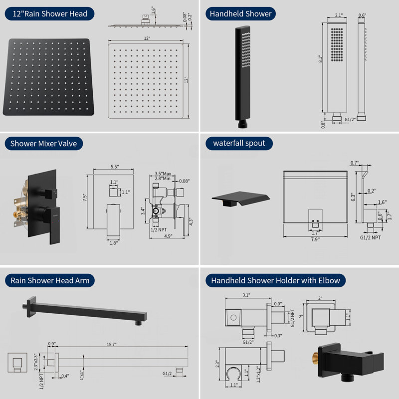 Male NPT Matte Black Shower System, 12 Inch Shower Fixtures Rain Shower Head With Handheld Shower Spray, Wall Mount Shower Faucet Set For Bathroom(Pressure Balance Shower Trim Valve Kit Included)