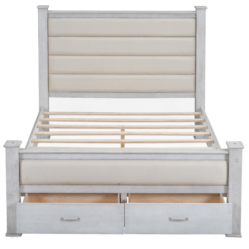 Lit plateforme avec tête de lit en tissu Styliani, Blanc antique