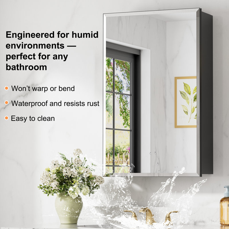  Armoire à pharmacie avec miroir en aluminium, l 16 po x H 24 po, armoire de meuble-lavabo encastrée ou à fixation en surface avec tablette en verre trempé réglable, grand espace de rangement (noir)