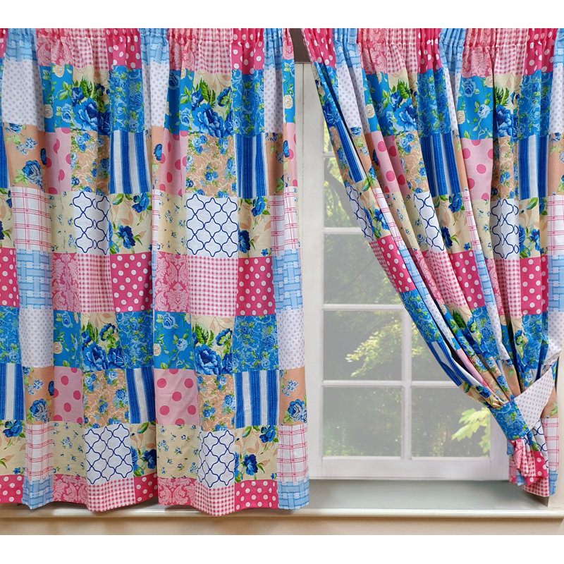 PATCHWORK Algimantas Pencil Pleat Curtains, Blue/Pink, 168 W x 182 D cm
