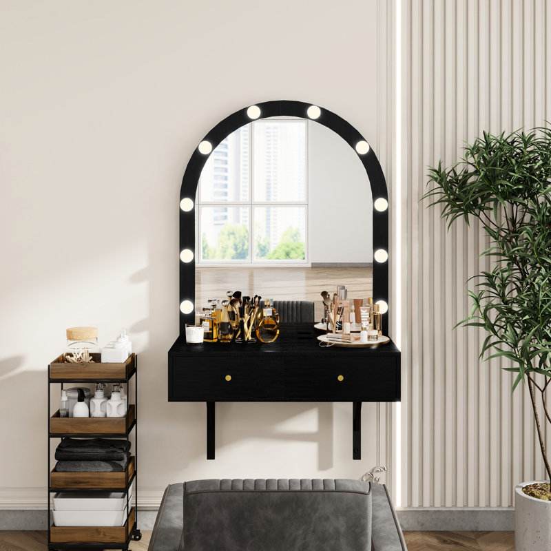 Coiffeuse ajustable 3 couleurs - noire, avec un grand miroir de rangement et des lumières, Noir