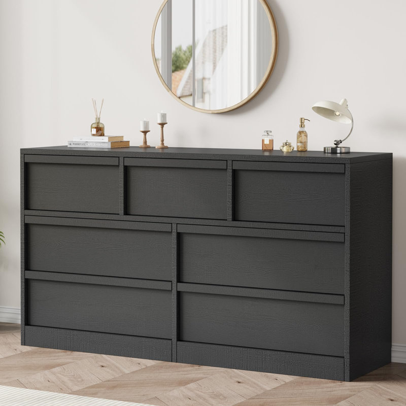 Commode 6 tiroirs pour la chambre à coucher, commode en chêne naturel de 47 po de largeur, rangement en bois pour le salon, le vestibule, la chambre de bébé, noir