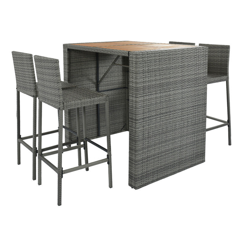 Ensemble de bar d'extérieur 5 pièces avec coussins amovibles, table en bois d'acacia et chaises en osier gris, pieds antidérapants, corde fixe