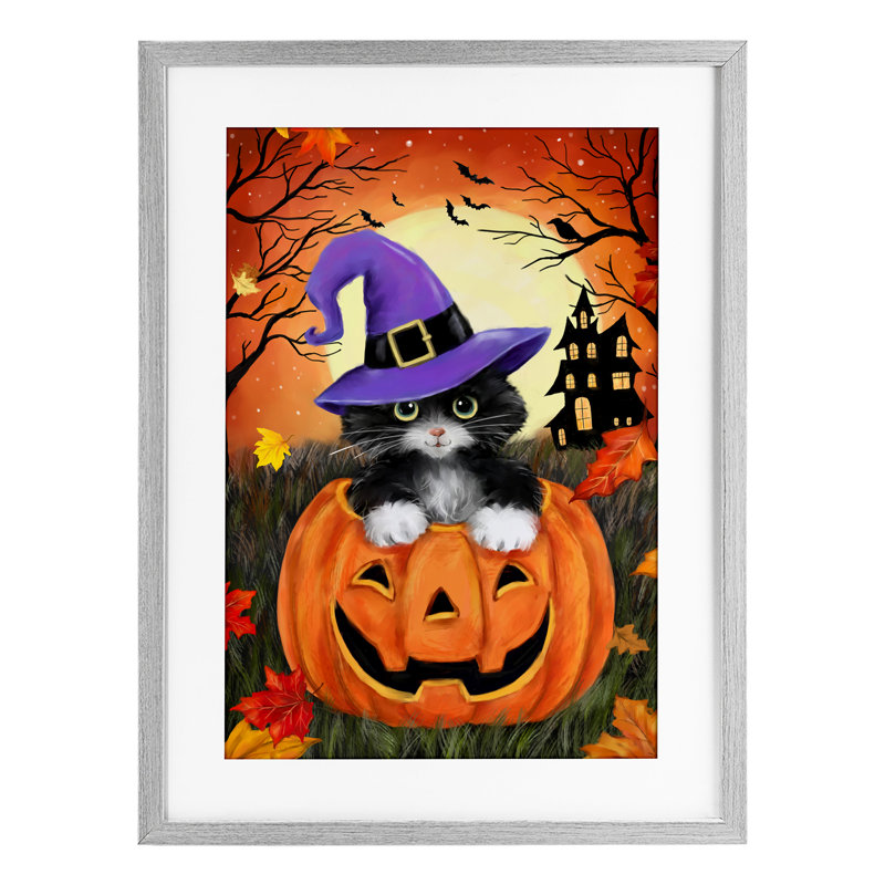 «Cat Peeking from Jack-o-Lantern», reproduction sous verre encadrée, conception par Jean-François, H 20 po x l 14 po