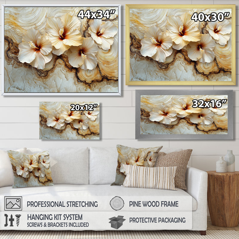 Citronnelle, fleurs d'hibiscus sur fond de marbre crème - art mural hibiscus, Reproduction encadrée d'une seule photo, Noir