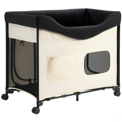 Elevated Lounge Pet Bed, Foldable Bunk Dog Bed With 600D Oxford Cloth And Dutch Velvet, Portable Raised Cot With Wheels, Side Storage Bags, And Carry Bag For Cats & Dogs, XL, Beige