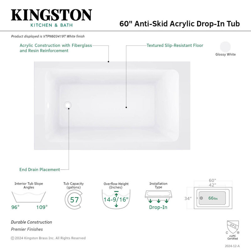 Baignoire encastrée rectangulaire en acrylique 60 pouces avec surface antidérapante Kingston