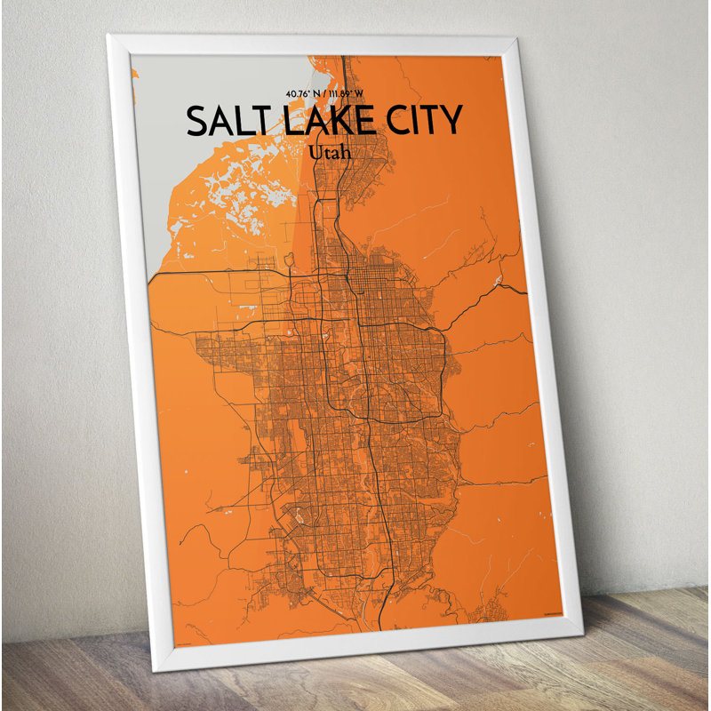 « Salt Lake City Map », impression d’art graphique orange, H 36 po x l 24 po x P 0,05 po