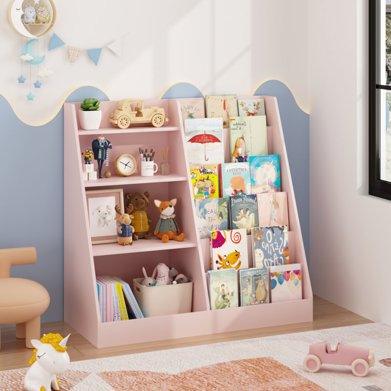 Multifunctional 4 Tier Wooden Kids Book Shelf with  Bookcase Display Stand, Pink