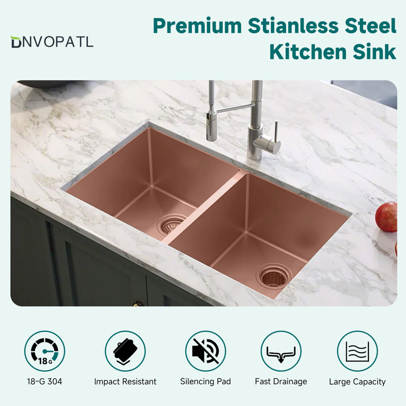 KDK HOME 32" Undermount Kitchen Sink 50/50 Double Bowl Stainless Steel Sink, Rose Gold