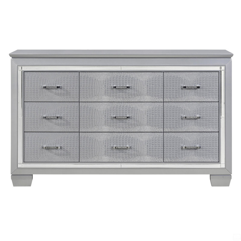 Meuble de chambre en bois 1 pièce à 9 tiroirs avec tiroirs en faux crocodile texturé, Argent argent