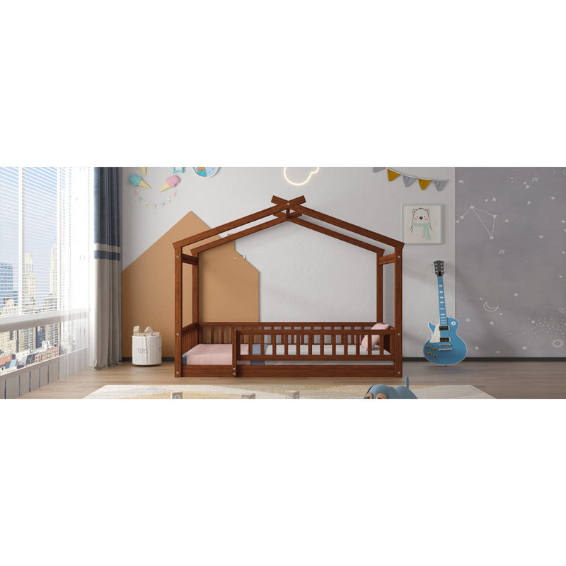 Cadre de lit en bois avec clôture, pour, adolescents, Noyer, Lit simple