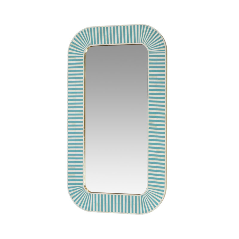 Miroir turquoise à rayures et résine, Blanc / Bleu