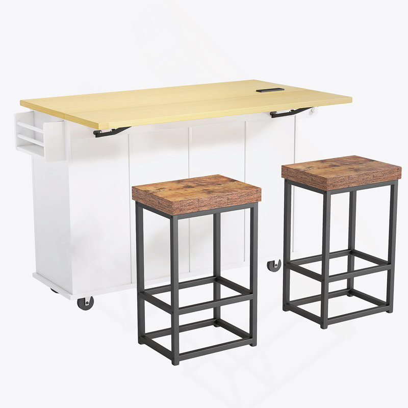 Farmhouse Kitchen Island On Wheels With Drop Leaf And 2 Seatings, Kitchen Cart Set With Storage Cabinet, Drawers, Door Shelves And Power Outlet, White