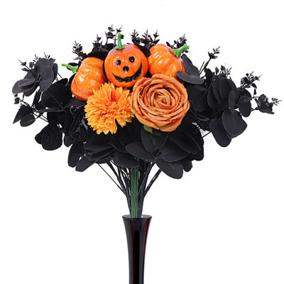 25pcs Halloween Decorations,17inch Black Artificial Flowers with Pumpkin Rose Eucalyptus Maple Leaf Floral Stems, Indoor Halloween Branches Decor for Table Room Home Indoor Party Vase