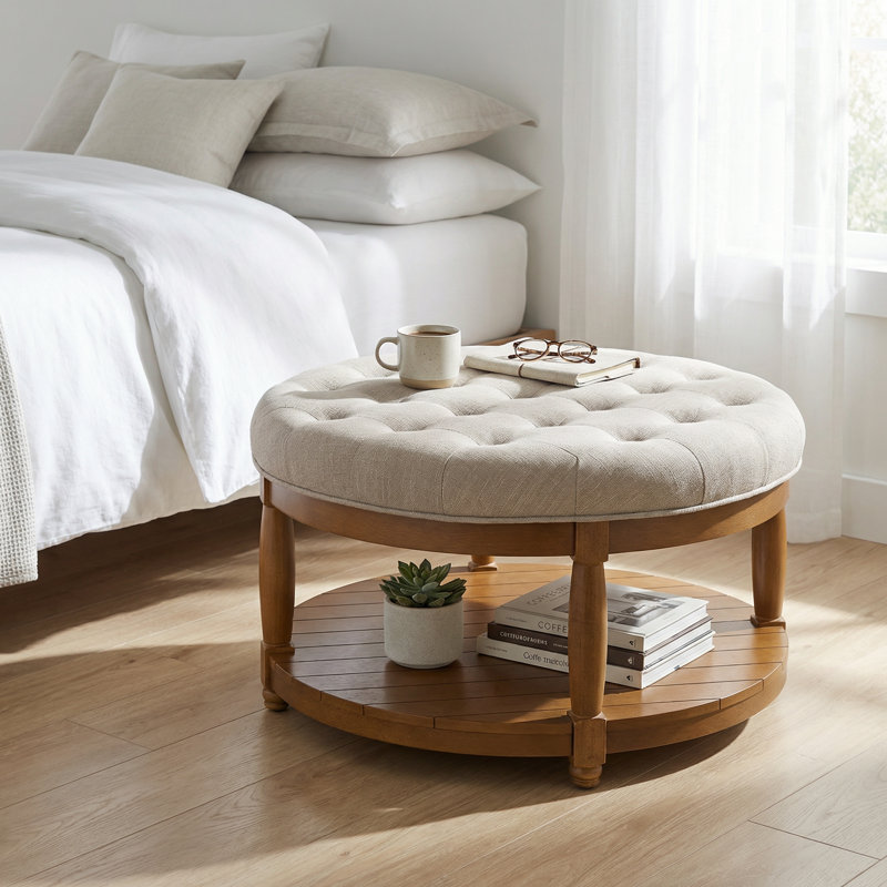 Grand repose-pieds capitonné rond avec tablette de rangement, repose-pieds multifonctionnel et table basse