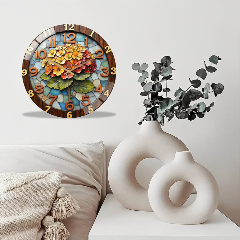 Horloge murale silencieuse en verre trempé de 30 cm, « Horloge murale à motif floral avec hortensias colorés », sans tic-tac, fonctionne avec des piles AA (non incluses), décoration artistique pour la maison