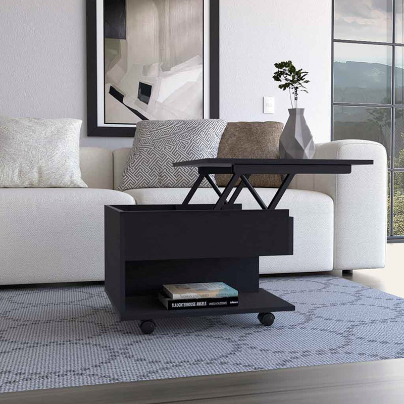 Table basse à plateau relevable, roulettes, une tablette, Noir, noir, noir, noir, Noir, noir, noir, noir