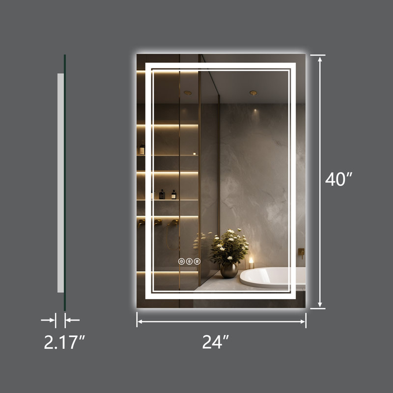 Harana Front and Back Lighting Dimmable Anti-Fog Bathroom/Vanity Mirror with Tempered Glass, 24" x 40"