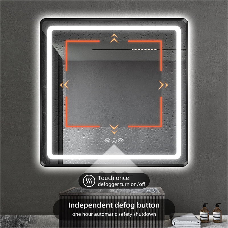 Front and Backlit LED Bathroom Vanity Mirror, Black, 36" x 36"