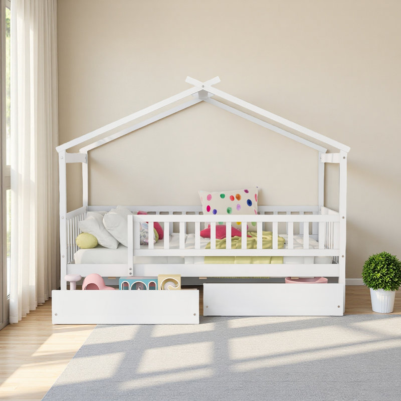 Lit simple en bois avec deux tiroirs, Blanc