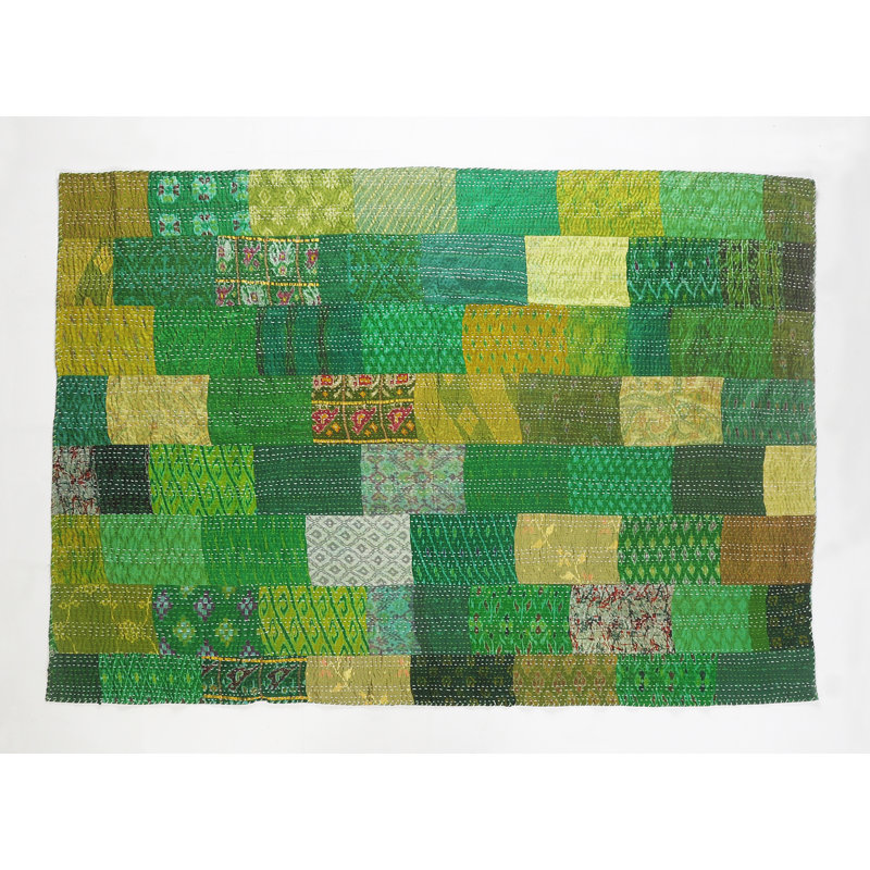 Advika Handmade Kantha Silk Blend Throw Blanket, Green