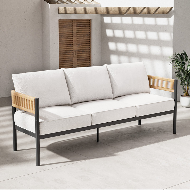 Maine 3-Person Wicker Outdoor Sofa, White Cushion/Natural Arm