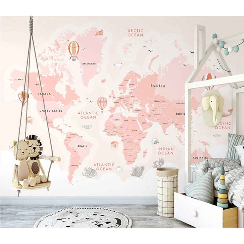 Papier peint amovible avec fond de carte du monde rose, L 9 po x l 15 po