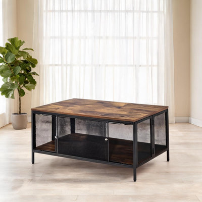 Table basse de salon, chêne antique et noir mat, rectangle de 41 po, pliable avec rangement à porte coulissante