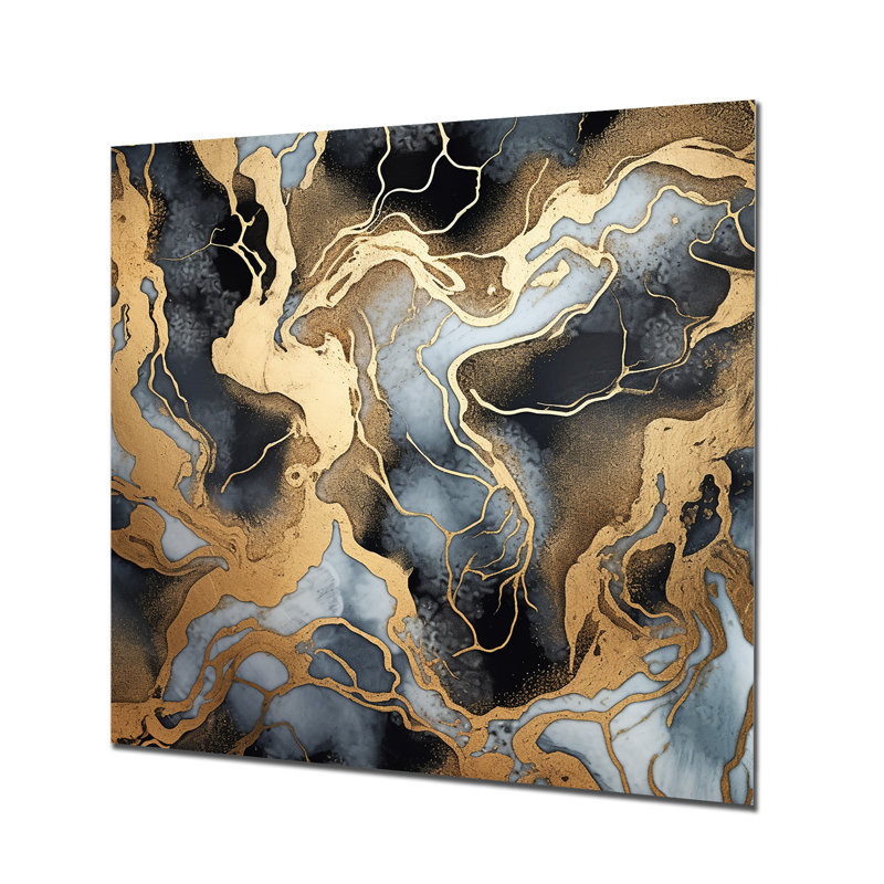 Or et marbre gris scintillant Galaxies III - impression d'art mural fractal en métal, H 16 po x l 16 po