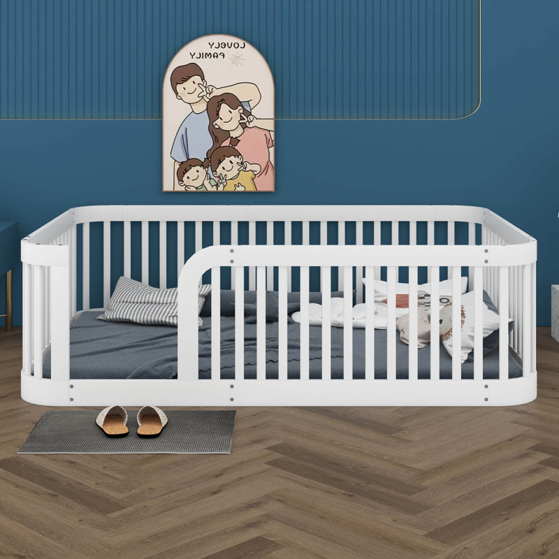Structure de lit double Montessori avec clôture, conception sans lattes pour le jeu créatif, espace de bricolage, barrière de sécurité en bois massif