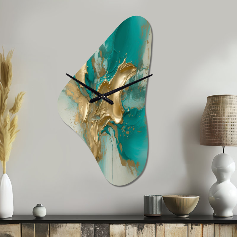 Horloge murale asymétrique en métal doré et turquoise - impression en forme de horloge murale en métal, Médium