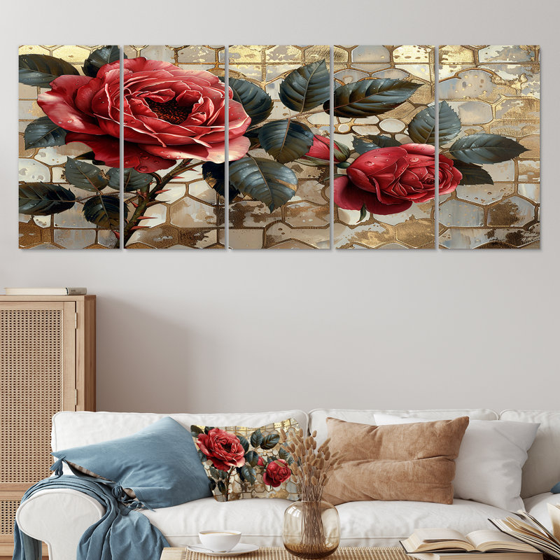 «Red Rose Vintage Silver Gold I - Roses», art mural 5 pièces, H 28 po x l 60 po