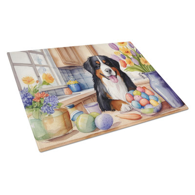 Decorating Easter Bernese Mountain Dog Glass Cutting Board