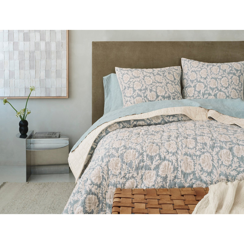 Robles Handstitched Organic 100% Cotton Percale Quilt, Twin Quilt, Tidal w/Khaki