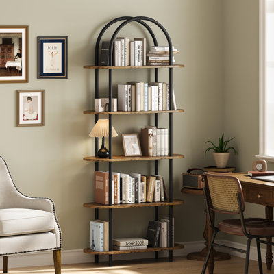5-Tier Industrial Bookshelf, 71 Inch Tall Metal Arch Bookcase with Open Adjustable Shelves, Sturdy Storage Organizer for Living Room and Home Office, White
