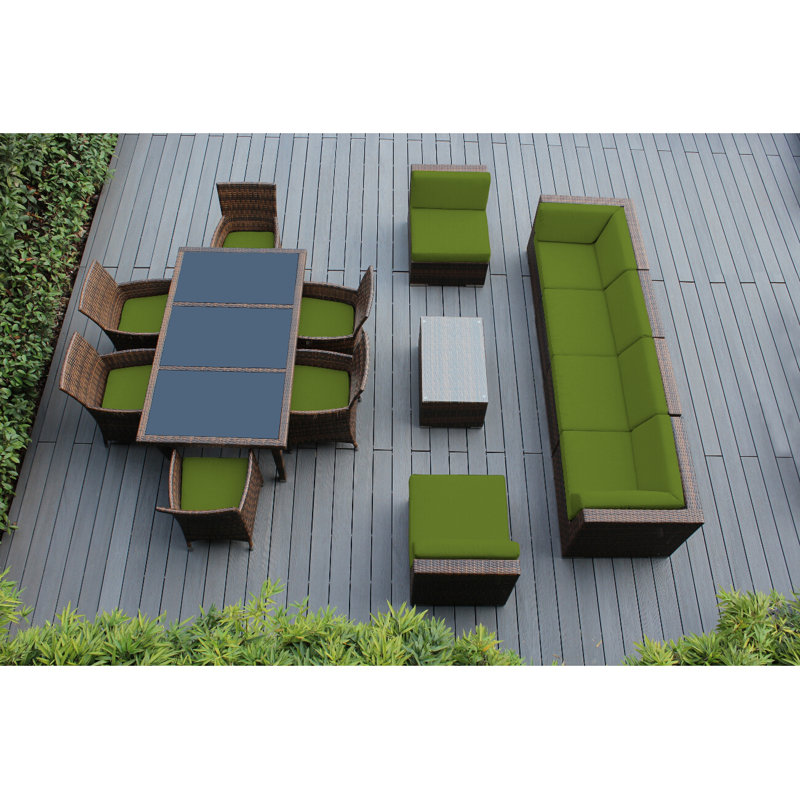 Ensemble de patio complet en rotin avec coussins 14 pièces Pavior, Mélange de bruns, Sunbrella Ara