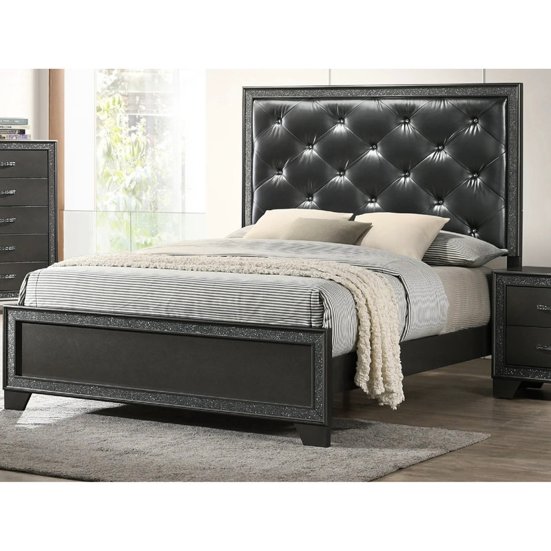 Grand lit à finition chatoyante gris foncé, revêtement, tête de lit haute, lit de style chambre à coucher moderne avec chatoiement et mystère